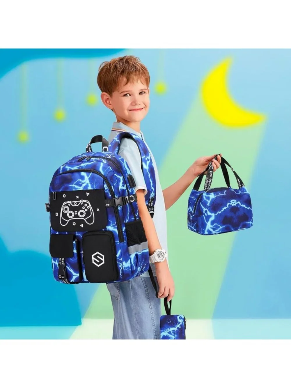 Luminous Boys Backpack Set with Lunch Bag & Pencil Case, USB Charging, School